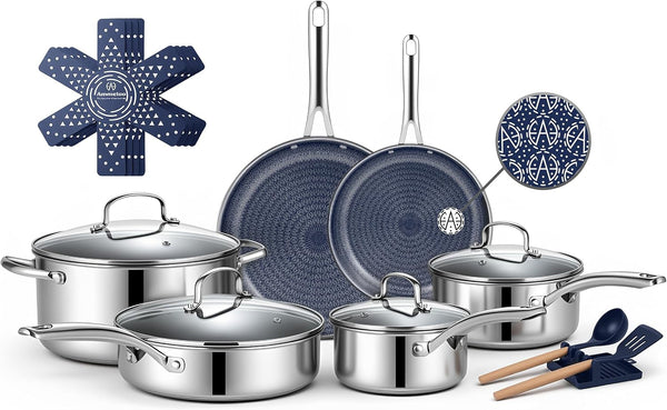Hybrid Stainless Steel Cookware Set, 17-Piece Tri-Ply Pots and Pans Set Non Stick, Induction Kitchen Cookware Sets, Dishwasher & Oven Safe, PFOA Free, All Cooktops Compatible, Navy Blue1