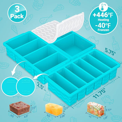 3-Pack Silicone Freezer Trays with Lid, Soup Freezer Container Molds | 2 Large 2-Cup, 4 Medium 1-Cup, 6 Small 1/2-Cup, BPA Free, Ice Cube Tray for Soup, Stews, Sauces, Meal Prep, Broth, Leftovers6