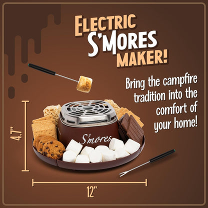 Tabletop Indoor Electric S'Mores Maker - Smores Kit with Marshmallow Roasting Sticks and 4 Trays for Graham Crackers, Chocolate, and Marshmallows - Movie Night Supplies - Brown2