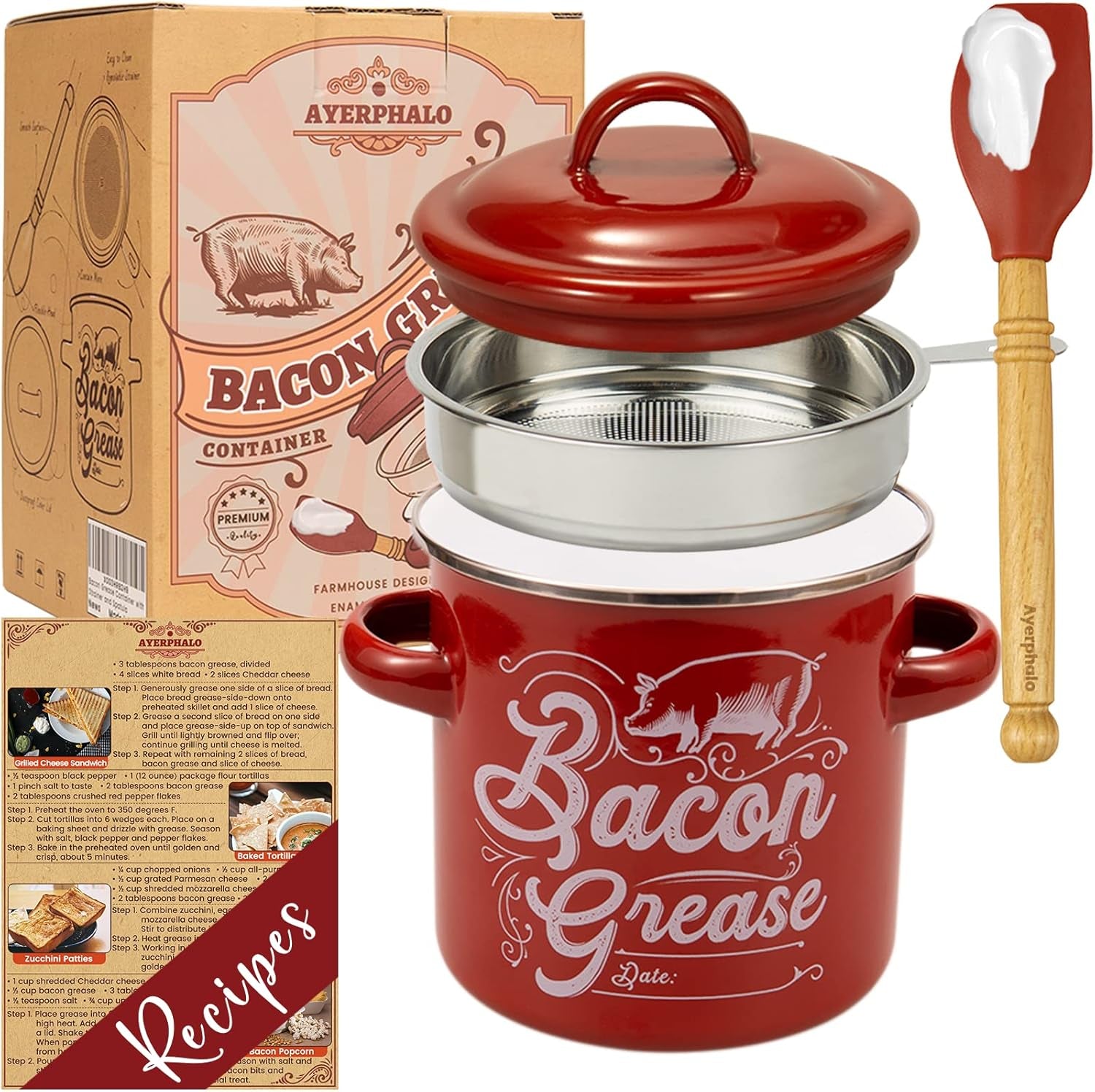 42oz-enamel-2-handle-bacon-grease-container-with-strainer-red