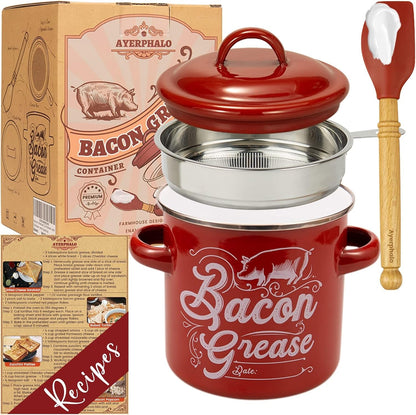 42Oz Enamel 2-Handle Bacon Grease Container with Strainer, Red1