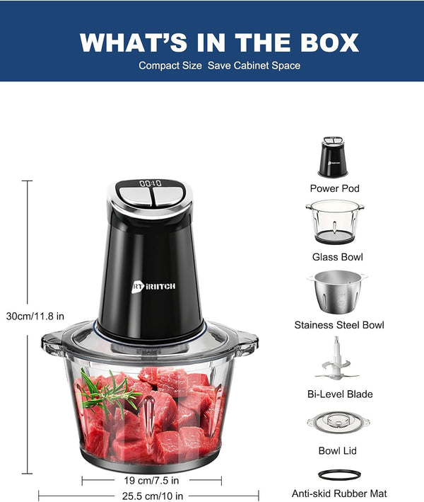 IRIITCH Food Processor with LED Timer, 800W Electric Chopper | 2 Bowls (12-Cups Glass Bowl+12 Cups Stainless Steel Bowl), 2 Set 6 Bi-Level S-Blades9
