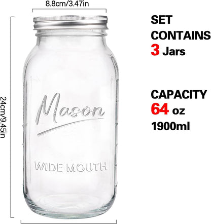 64 Oz Mason Jar Wide Mouth,3 Pack Large Half Gallon Mason Jars with Airtight Lid,Big Glass Jars for Canning,Pickling,Fermenting,Storing2
