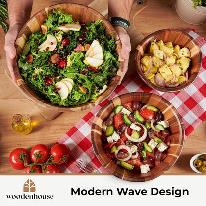 Wooden Salad Bowl Set of 3, Wavy 12" 10" 8" Wood Serving & Mixing Bowls5