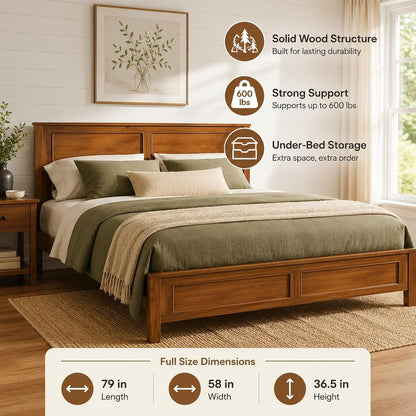 Walnut Full Size Wood Bed Frame with Headboard Under-Bed Storage Space4
