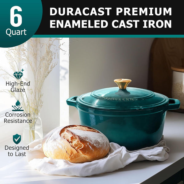 Mueller Duracast 6 Quart Enameled Cast Iron Dutch Oven Pot with Lid | Sourdough Bread Baking, Pfoa-Free, 500°F Oven Safe - All Cooktops Incl. Induction, Braising & Slow Cooking, Emerald2