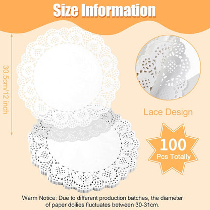 Paper Doilies 12 In, Disposable Lace Doilies for Dessert Trays | 100 Pcs, for Table Cake, Round, Safe for Food, Good Oil Absorption, Xmas Craft, White, Paper Placemats Bulk2