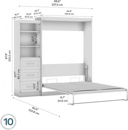 Queen Murphy Bed & Shelving Unit with Drawers, White, Pur, 90W9