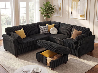 6 Seater 91'' Modular Sectional Sofa with Storage, Corduroy Black3