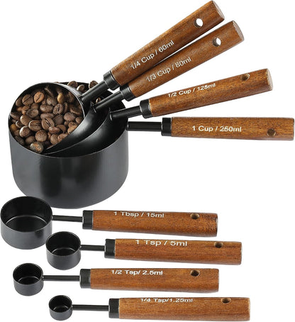 8PCS Measuring Cups and Spoons Set, DV Stainless Steel Measuring Cups with Ergonomic Wooden Handle for Cooking & Baking9
