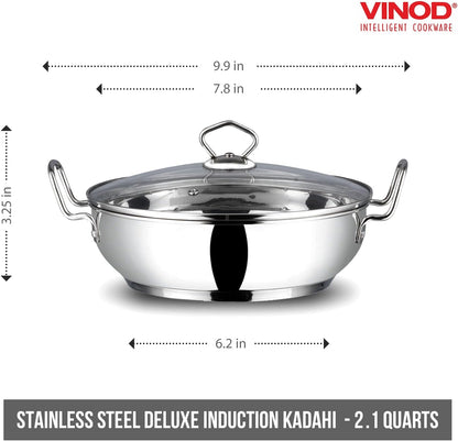 Stainless Steel Kadhai with Tempered Glass Lid, 20Cm, Premium Quality | 2 Litre Induction-Friendly Multi-Use Pot for Sauces, Deep Frying and Stews; Indian Cooking Essential2
