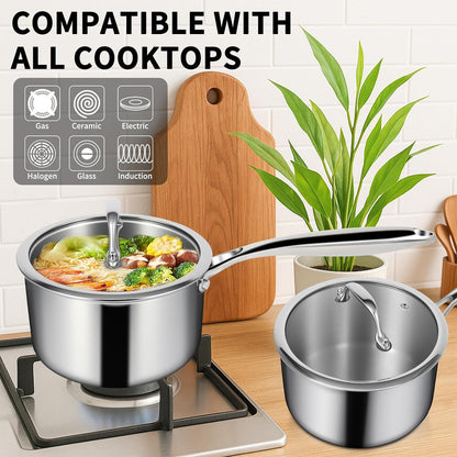 3 Ply Stainless Steel Saucepan with Lid, 3 Quart Multipurpose Cooking Pot, Stay-Cool Handle, Induction Oven Dishwasher Safe, 3 QT3