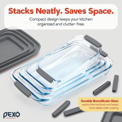 8 Piece Glass Baking Dish Set with Plastic Lids, with Silicone Handles for Easy Grip (1.06QT, 1.69QT, 2.32QT, 3.17QT), Clear Glass Casserole Dishes for Oven, Airtight Lids, Glass Bakeware, Freezer, Oven, and Dishwasher Safe (Gray)8