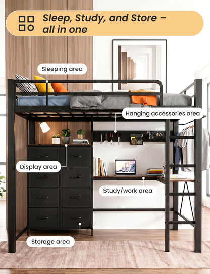Twin Size Metal Loft Bed with L-Shaped Desk and 8 Storage Drawers,Black3