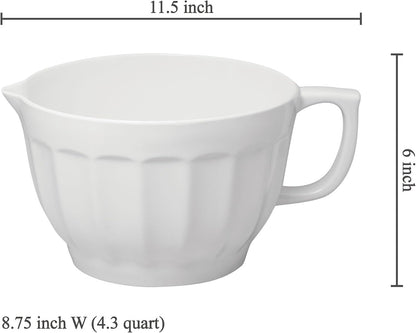 4.3 Quart Latte Style Melamine Batter Bowl with Pour Spout and Handle, Professional Mixing Bowl with Non-Slip Base, Ideal for Pancake and Cake Batter, 11.5 X 8.75 Inch, White3