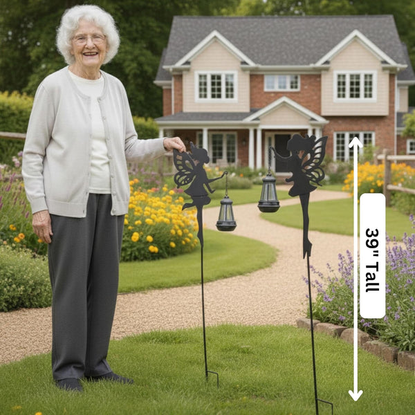 Solar Fairy Garden Accessories Outdoor 1 Pair - Metal Stakes Decorative Figurines Housewarming Ornament for Patio, Lawn, Yard, Pathway - Unique Gift Ideas for Mom Grandma (Warm Lighting)2