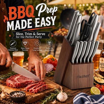 14 Pieces Knife Block Set German Stainless Steel with Sharpener | Razor-Sharp Santoku Knives, Fruit & Kitchen Knives, Rust Resistant for Homecooks, BBQ Prep (Silver + Walnut)6