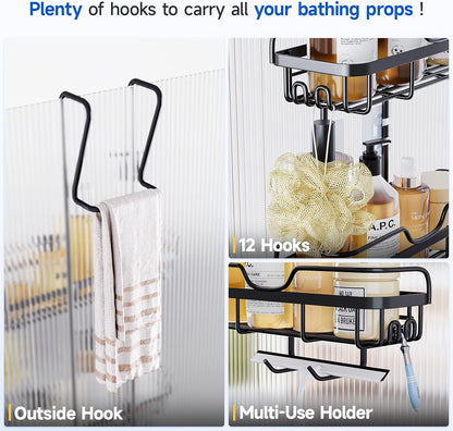 Shower Caddy over the Door Organizer: Bath Rack Hanging over Glass with Hooks - Storage Shelf inside Bathroom for Shampoo - Matte Black6