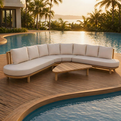 Gemsy 118" Acacia Wood Outdoor Patio Furniture Set with Cushion, Outdoor Half Moon Curved Sectional Sofa Set with Coffee Table, Patio Sectional Sofa Set, Beige+Light Teak1
