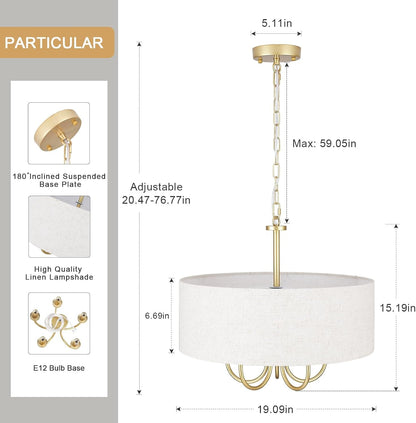 5 Lights Drum Chandelier Gold Farmhouse Chandelier with Shades 19" Large Pendant Light Fixtures Hanging Brass round Chandeliers for Bedroom Dining Room over Table Living Room Foyer Kitchen Island7