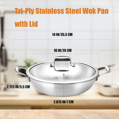 10 Inch Stainless Steel Wok Pan with Lid, Riveted Handle | Uncoated Tri-Ply Stainless Steel Stir Fry Pan, Everyday Cooking Wok for Induction, Flat Bottom, Dishwasher & Oven Safe3