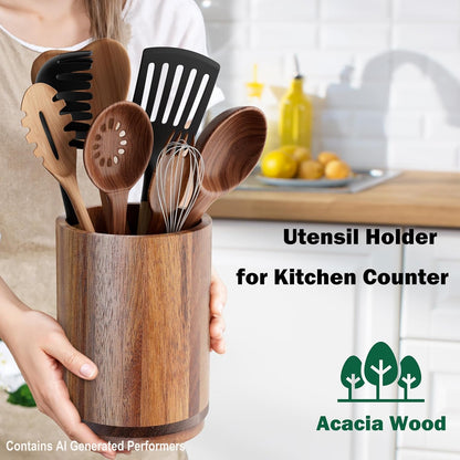 Utensil Holder, Acacia Wood Kitchen Utensil Holder for Countertop, 360°Rotating Cooking Utensil Crock for Kitchen Counter, 7.2" Large Utensil Organizer for Spatula3