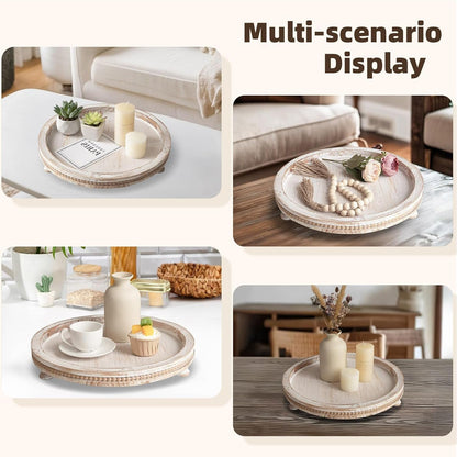 2 Piece Whitewashed Wooden Serving Tray Set with Beaded Design, Farmhouse Centerpiece Table Decorations, round Coffee Table Tray for Living Room Home Decor, Ottoman Tray Decor for Rustic Styles7