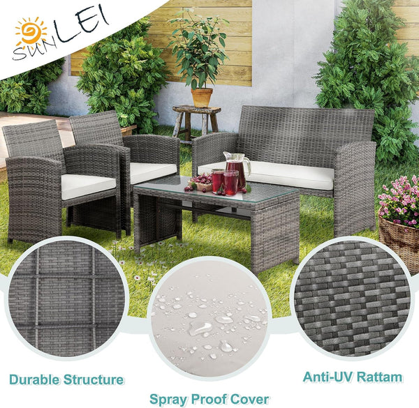 Patio Furniture Set 4 Piece Outdoor Furniture Set, PE Rattan Wicker Patio Conversation Set with Cushions & Glass Coffee Table, Backyard Patio Seating for Balcony Porch Garden Poolside, White6