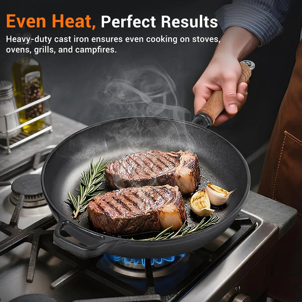 12" Cast Iron Skillets with Removable Wooden Handle, Pre-Seasoned Frying Pan for Stove, Oven, Grill & Campfire Cooking (1, 12")2