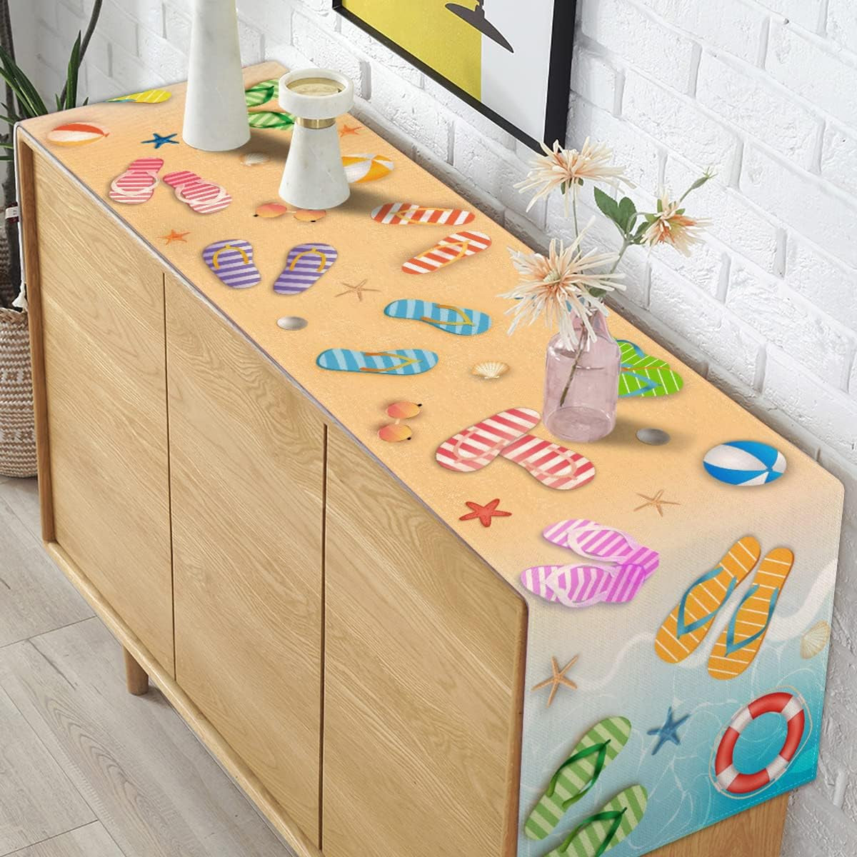 summer-beach-table-runner-flip-flops-seaside-themed-birthday-seasonal-holiday-party-kitchen-dinning-room-home-decoration-13-x-72