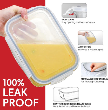 4 Pack 8 Cups/ 63Oz Large Glass Storage Containers with Lids, Meal Prep Containers, Glass Food Storage with Airtight Lid for Baking, Leak Proof & Microwave, Oven Safe (4 Containers + 4 Lids)4