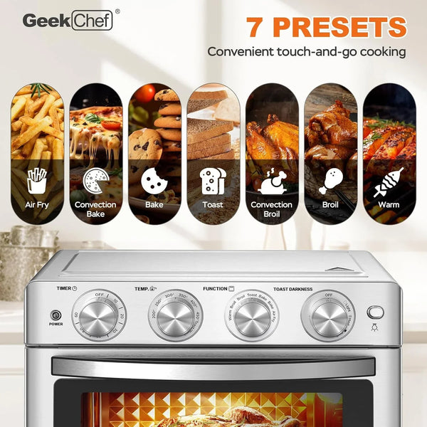 Air Fryer Toaster Oven 26 QT, Large Airfryer Convection Countertop Oven Combo with Easy Bake, Roast, Broil, Warm, 6 Slice Toast 7-In-1 Functions, 3 Layers with 4 Accessories,Stainless Steel6