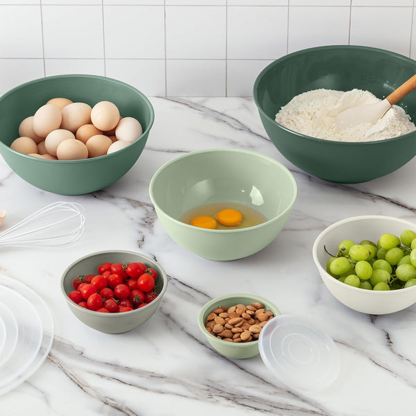 Mixing Bowls with Lids - 12 Piece Plastic Nesting Bowls Set Includes 6 Prep Bowls and 6 Lids, Microwave Safe Mixing Bowl Set, Sage6