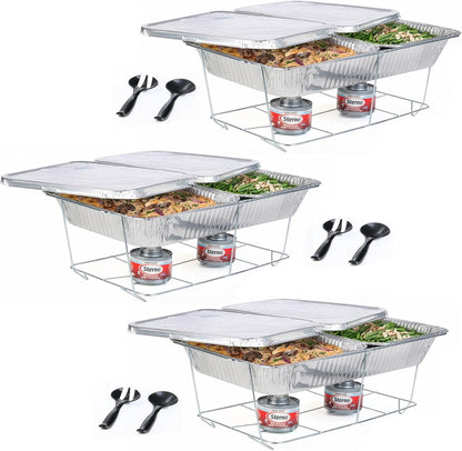 Disposable Chafing Dish Buffet Set with 6-Hour Fuel, 30 Piece | 3 Full-Size Buffet Setups with 6 Fuel Cans, 3 Water Pans, 6 Half-Size Food Pans, 6 Lids, 3 Wire Racks, and Serving Utensils1
