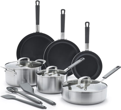 X Bobby Flay Stainless Steel 12 Piece Cookware Pots & Pans Set, Professional Grade Tri-Ply, Multiclad, Pfas-Free Ceramic Nonstick, Induction Suitable, Dishwasher & Oven Safe,Stay Cool Handles1