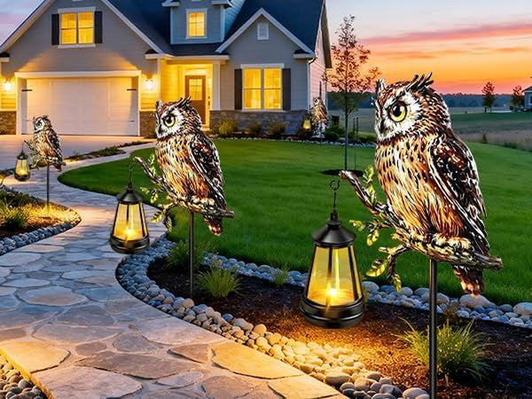 Solar Lights Outdoor,37.2In Single-Sided Garden Owl Stake with Solar Lights3