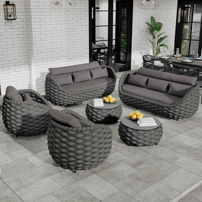 Lanai Outdoor Furniture Set: 6-Piece Aluminum Woven Rope Patio Conversation Set - Modern Cushions Sofa Set Assembled - Porch Seating Couch Set for Deck Yard Garden Pool Hotel Resort, Dark Grey1