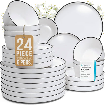 24 Piece White Dinnerware Set for 6, Modern Porcelain Plates and Bowls Set1