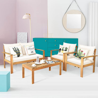 Outdoor 4-Piece Acacia Wood Chat Set, 4 Seater Acacia Wood Conversation Sofa and Table Set with Water Resistant Cushions, Teak Finished (1, White)5