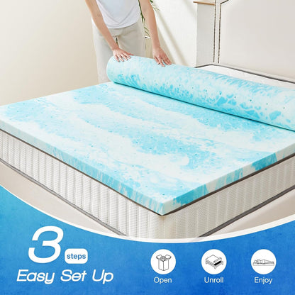 Memory Foam Mattress Topper, Full Size, 3 Inch Cooling Pad | Cooling Gel Infused, Ventilated, Breathable Toppers Pad, RV, Camper, Sofa Bed Use, Blue4