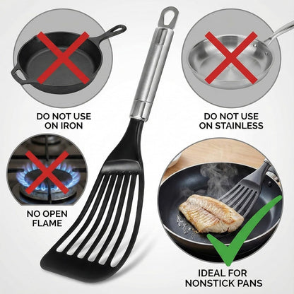 Thin Flexible Fish Spatula for Nonstick Cookware, Black | Egg Flipper Turner W/Hollow Steel Handle, Slotted Angled LFGB Complaint Nylon Blade, Dishwasher Safe, Silver Handle6