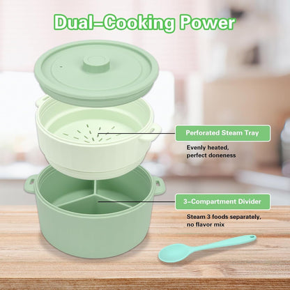Microwave Rice Cooker, 2-Layer Microwave Pasta Cooker and Steamer for Rice, Vegetables, Quinoa, Oatmeal, Ramen –Silicone Non-Stick (Green)8