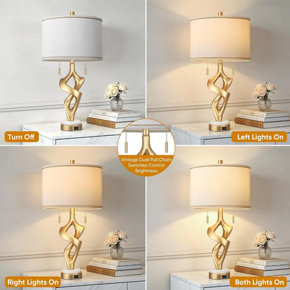 Gold Table Lamps for Living Room Set of 2, Modern Nightstand Lamps with Marble Base & Charging Ports, Rustic Resin Table Lamp for Bedrooms with Pull Chains Switch, 4 X Bulbs Included, 26"4