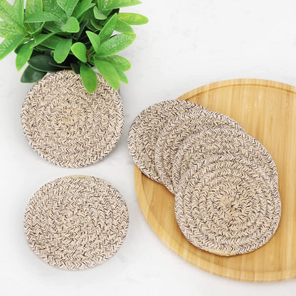8 Pcs Drink Coasters with Holder, Cotton Woven Absorbent Coasters for Drinks, Minimalist Home Decor Coaster Set for Wooden Tabletop Protection Table, 4.3 Inches Mixed Brown6