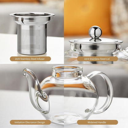 Glass Teapot with Infuser, 20 Oz Borosilicate Tea Kettle | Clear Borosilicate Glass with Removable 18/8 Steel Infuser for Stovetop Brewing of Loose-Leaf, Herbal, and Blooming Tea.5