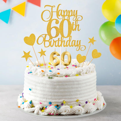 60Th Birthday Cake Toppers, 60Th Birthday Candles Numeral Candles and Glitter Cake Decorations Toppers Set for Party Supplies (Gold)5
