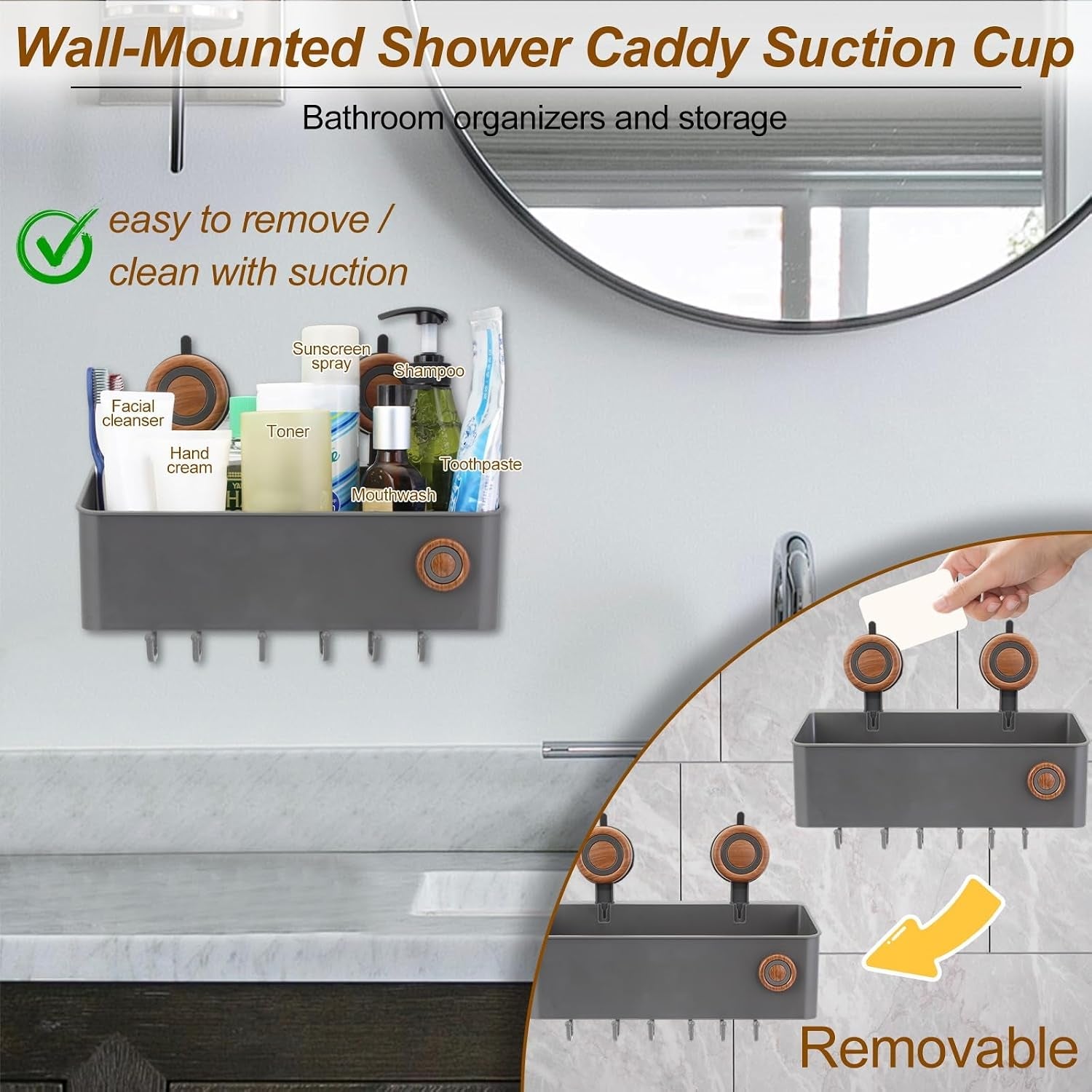 shower-caddy-suction-cup-removable-waterproof-bathroom-organizer-shower-shelf-with-drainage-suction-plastic-storage-for-inside-shower-shampoo-bathroom-accessories-holder-gray-mahogany-l
