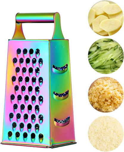 4 Sides Box Grater for Kitchen,Stainless Steel Cheese Grater with Handle,Multi-Function Vegetable Slicer Food Shredder for Chees,Ginger,Vegetables,Rainbow6