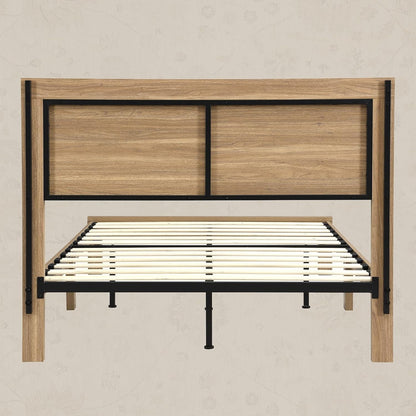 Full Bed Frame with Headboard Wood, Rattan Boho Bedframe with Wooden Slats Surpport, Easy Assembly Platform Bed, No Box Spring Needed, Natrual Walnut5