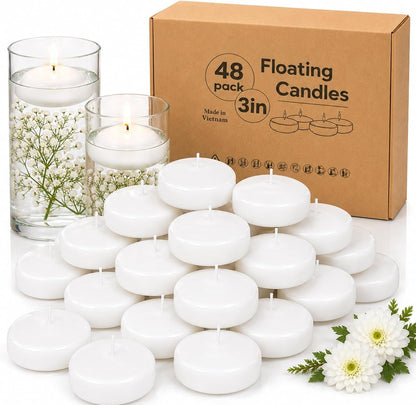 48 Pack 3 Inch Floating Candles, 8 Hour Burn White Real Wax1